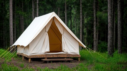 travel tourism accommodation concept. Tent nestled in a lush forest clearing surrounded by tall trees.