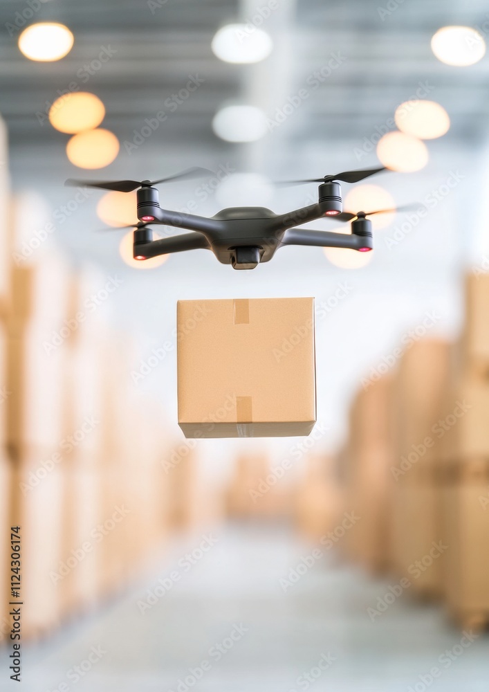 Poster futuristic delivery drone navigating warehouse with precision and innovation
