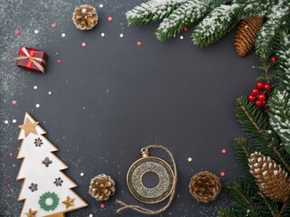 Christmas Tree Decoration Frame with Fir Branches and Cones for Holiday Card Design