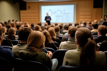 Diverse group of attendees focused on presenter delivering speech in professional setting. Conference environment fosters learning and networking opportunities. 