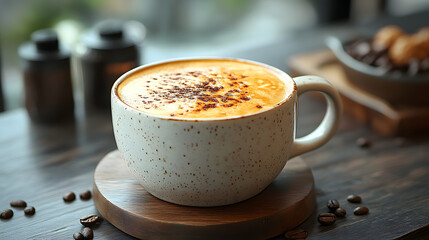 creamy cappuccino topped with cocoa sprinkles served in a speckled ceramic mug, placed on a wooden table with coffee beans scattered around, creating a cozy ambiance.