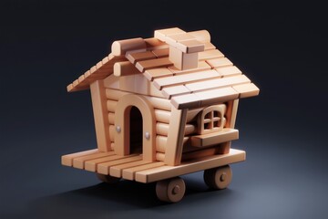 A charming miniature wooden house on wheels, perfect for imaginative play.