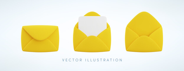 Vector cartoon 3d yellow envelope icon set. Realistic 3d render closed, open letter symbol. New message notification, newsletter subscriptions, email services cute design element for social media, app