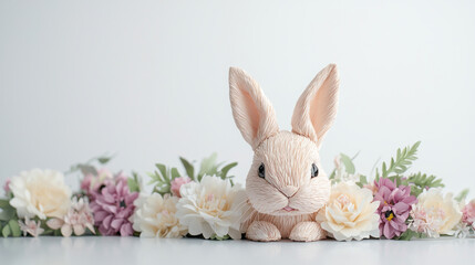 Obraz premium charming paper mache rabbit surrounded by colorful flowers, evoking joy