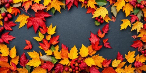 Autumn foliage wreath with colorful leaves and berries surrounding a blank space in the center, nature background, autumnal equinox, leaves