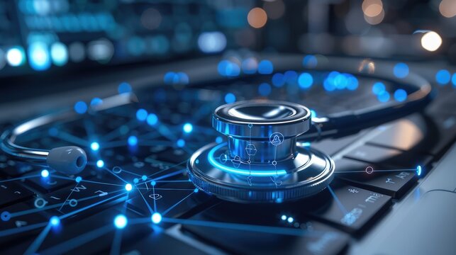 Healthcare and technology integration, stethoscope on a laptop with holographic medical icons floating, blue glowing network connections, futuristic and professional tone.
