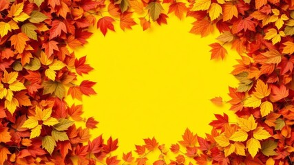 Autumn leaves swirling in the wind creating a frame with copy space in the middle, natural, yellow, overlay