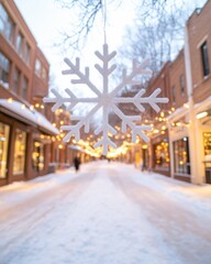 Obraz premium Wintery Urban Wonderland at Night Snowflakes and Holiday Lights in a Quiet Shopping District