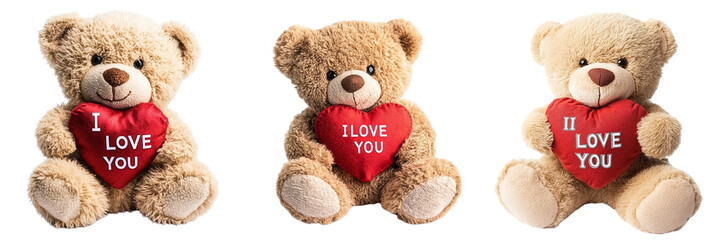 Obraz premium Set of A Cute brown teddy bear holding a red heart with the text i love you isolated ,PNG format Background