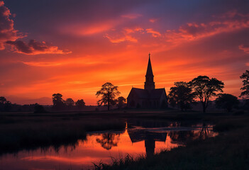 Fototapeta premium A church silhouetted against an orange sunset sky, with a body of water in the foreground