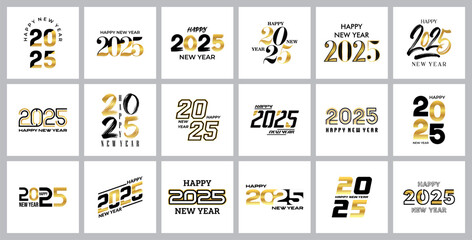 happy new year 2025 typhography design set collection with black and gold color on white background. happy new year 2025 banner template