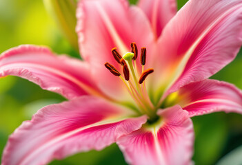 Fototapeta premium A close-up of a pink lily flower with a green center and stamen, against a blurred green background
