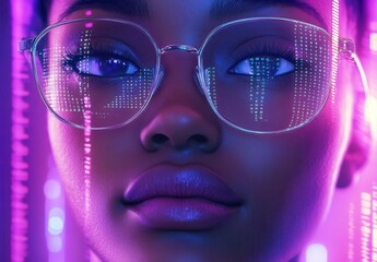 Close-up Portrait of a Young Woman with Glasses, Futuristic Background, Neon Lights, Digital Matrix Reflections, Tech Aesthetics, Cyber Culture Vibes, Stylish and Modern © ANUAR