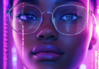 Close-up Portrait of a Young Woman with Glasses, Futuristic Background, Neon Lights, Digital Matrix Reflections, Tech Aesthetics, Cyber Culture Vibes, Stylish and Modern © ANUAR