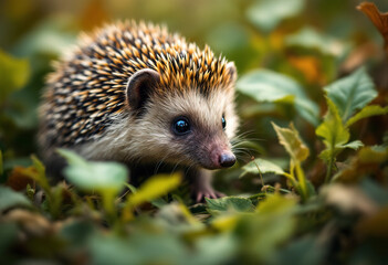 Fototapeta premium A close-up of a young hedgehog in a grassy field with leaves and plants in the background