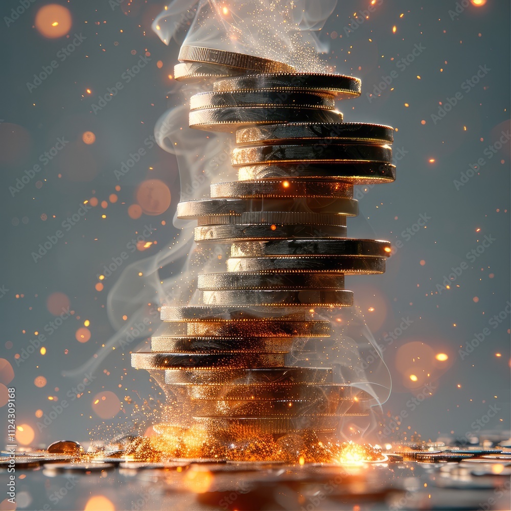 Aufkleber a stack of coins tipping precariously, with tiny cracks forming at the base, but a glowing figure st