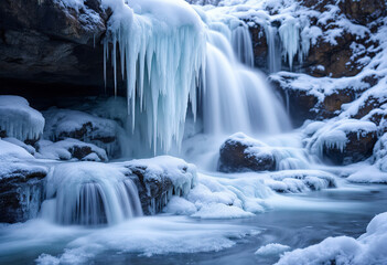 Obraz premium A frozen waterfall cascading over rocks in a snowy winter landscape