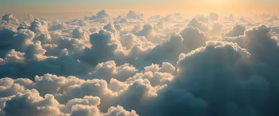 Majestic aerial view, fluffy cumulus clouds, golden sunlight, heavenly sky, panoramic cloudscape © Nafiz