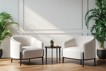 Two Modern Armchairs with a Small Table Between Them in a Sunlit Room