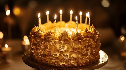 A beautifully decorated golden cake with intricate details and candles ready to be enjoyed at a celebration