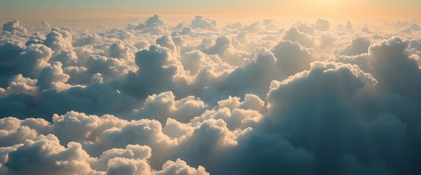 Majestic aerial view, fluffy cumulus clouds, golden sunlight, heavenly sky, panoramic cloudscape