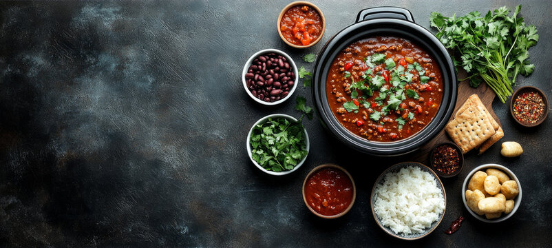 A delicious bowl of crockpot chili surrounded by fresh cilantro, diced tomatoes, beans, rice, crackers, and salsa for a comforting home-cooked feast