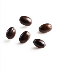 Close-up View of Fresh, Dark Coffee Beans Cascading on a White Background, Perfect for Coffee Lovers, Culinary Arts, and Food Photography