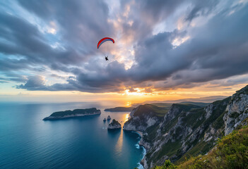 A paraglider soaring over a mountainous coastal landscape with cliffs, ocean, and a dramatic sky with clouds at sunset