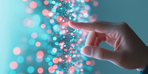 Futuristic Office Hand Analyzing Cryptocurrency on Neon Digital Screen