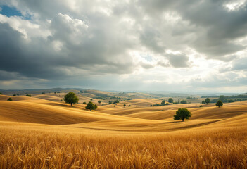 Fototapeta premium A rural landscape with rolling hills, fields of golden wheat, and scattered trees under a dramatic cloudy sky