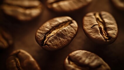 Fototapeta premium Close-up View of Roasted Coffee Beans on Wooden Surface Highlighting Rich Color and Texture Exclusive to Freshly Brewed Coffee Experience for Enthusiasts and Connoisseurs