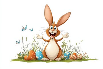 A cute and colorful illustration of the Easter Bunny, hopping through a field with festive decorations and vibrant flowers.
