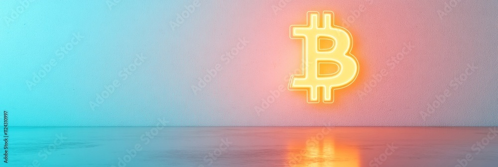 Poster neon bitcoin symbol on reflective floor in minimalist setting