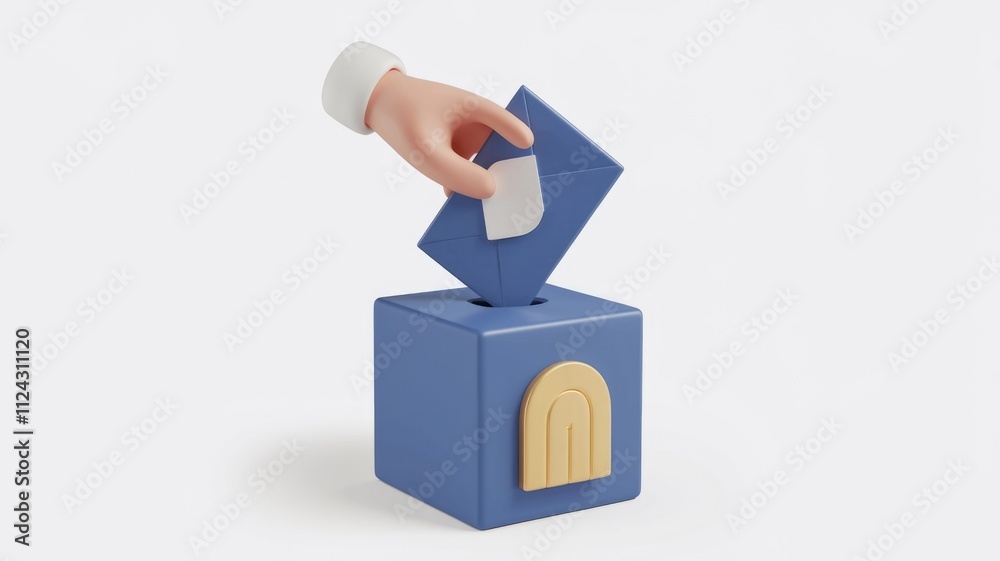 Poster A 3D rendering of a hand dropping an envelope into a ballot box, symbolizing voting or submission.