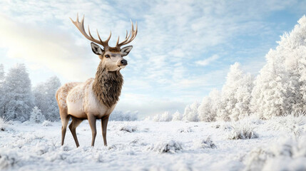 majestic deer stands in snowy forest under vast sky, evoking tranquility