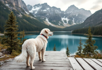 Obraz premium A white dog standing on a wooden platform overlooking a scenic alpine lake surrounded by mountains and forests