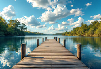 Obraz premium A wooden dock or pier extending into a calm lake or river, surrounded by lush greenery and a clear blue sky with fluffy white clouds