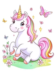 A cute unicorn is sitting in a field of flowers with a butterfly flying nearby. The scene is peaceful and whimsical, with the unicorn looking up at the butterfly with curiosity