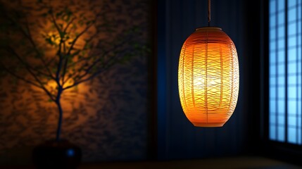 A glowing golden lantern hanging in a darkened room casting warm light around