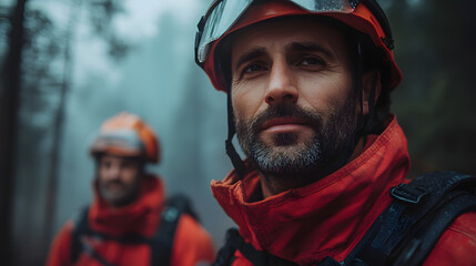 Close-up of a firefighter wearing red protective gear, standing in a misty forest, with a blurred teammate in the background, emphasizing bravery and teamwork.