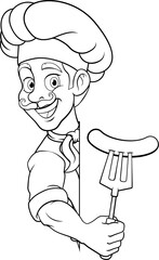 A chef cartoon barbecue cook man giving a thumbs up and holding a hotdog or grilled sausage a BBQ or cooking fork and peeking around sign or menu, mascot character illustration
