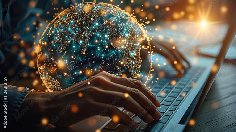 Aufkleber Businessman use computer with global network connection big data analytics and business intelligence concept globe with point and line concept of global business e commerce digital link tech.