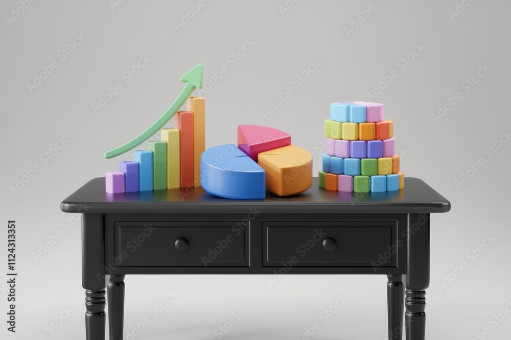 Poster Colorful 3D charts and graphs on a table showing growth, progress, and data analysis.