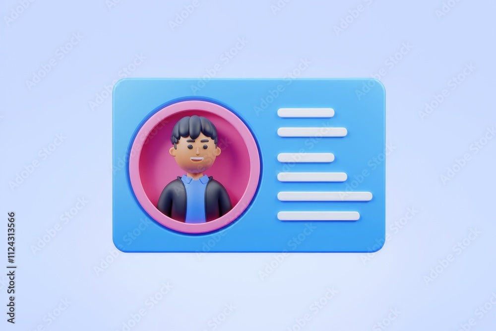 Fototapete 3D render of a profile card featuring a cartoon man,  information fields and a pink circular frame.