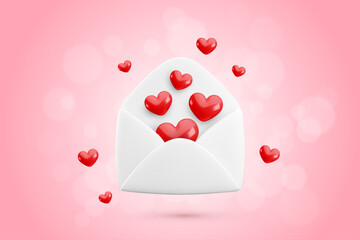 Vector cartoon 3d love letter banner. Realistic 3d render white opened envelope and flying out hearts confetti. Valentines Day greeting card, Love message wallpaper, Cute Valentine email background.