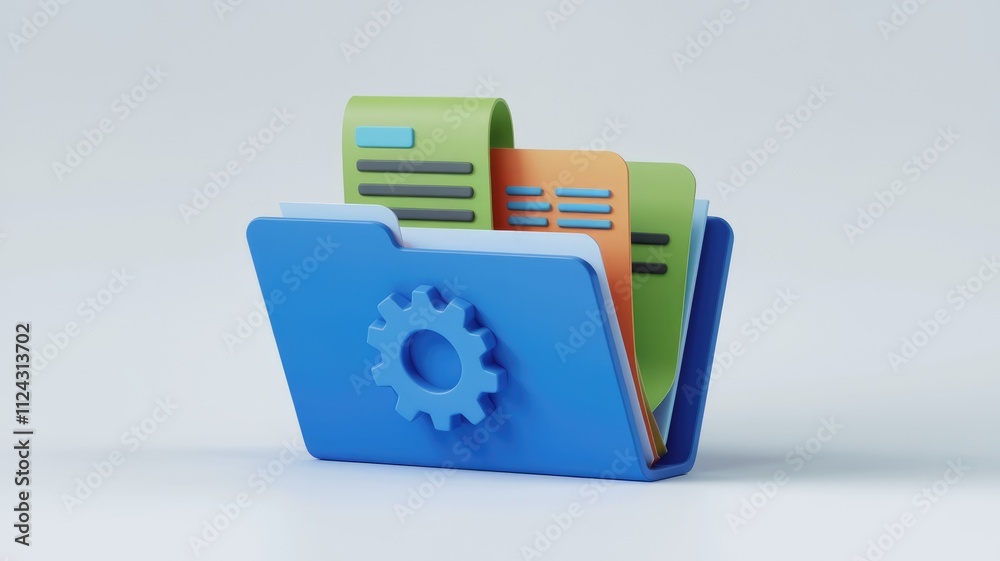 Poster A blue folder with colorful documents and a gear icon, symbolizing file management and settings.