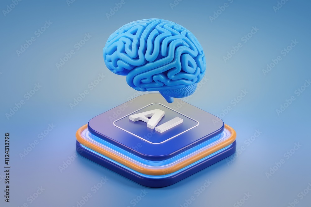 Poster A 3D rendering of a blue brain hovering above an AI button, symbolizing artificial intelligence and cognitive processes.