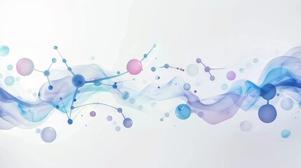 Horizontal banner featuring models of an abstract molecular structure with interconnected nodes and lines, representing futuristic technology, scientific research, and data visualization concepts.