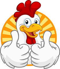 A chicken cartoon rooster cockerel character mascot giving a thumbs up.