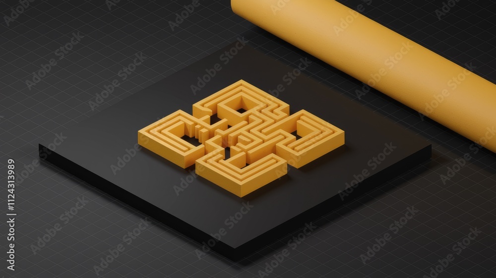 Aufkleber a 3d isometric rendering of a yellow maze-like pattern on a black square base, next to a yellow cyli